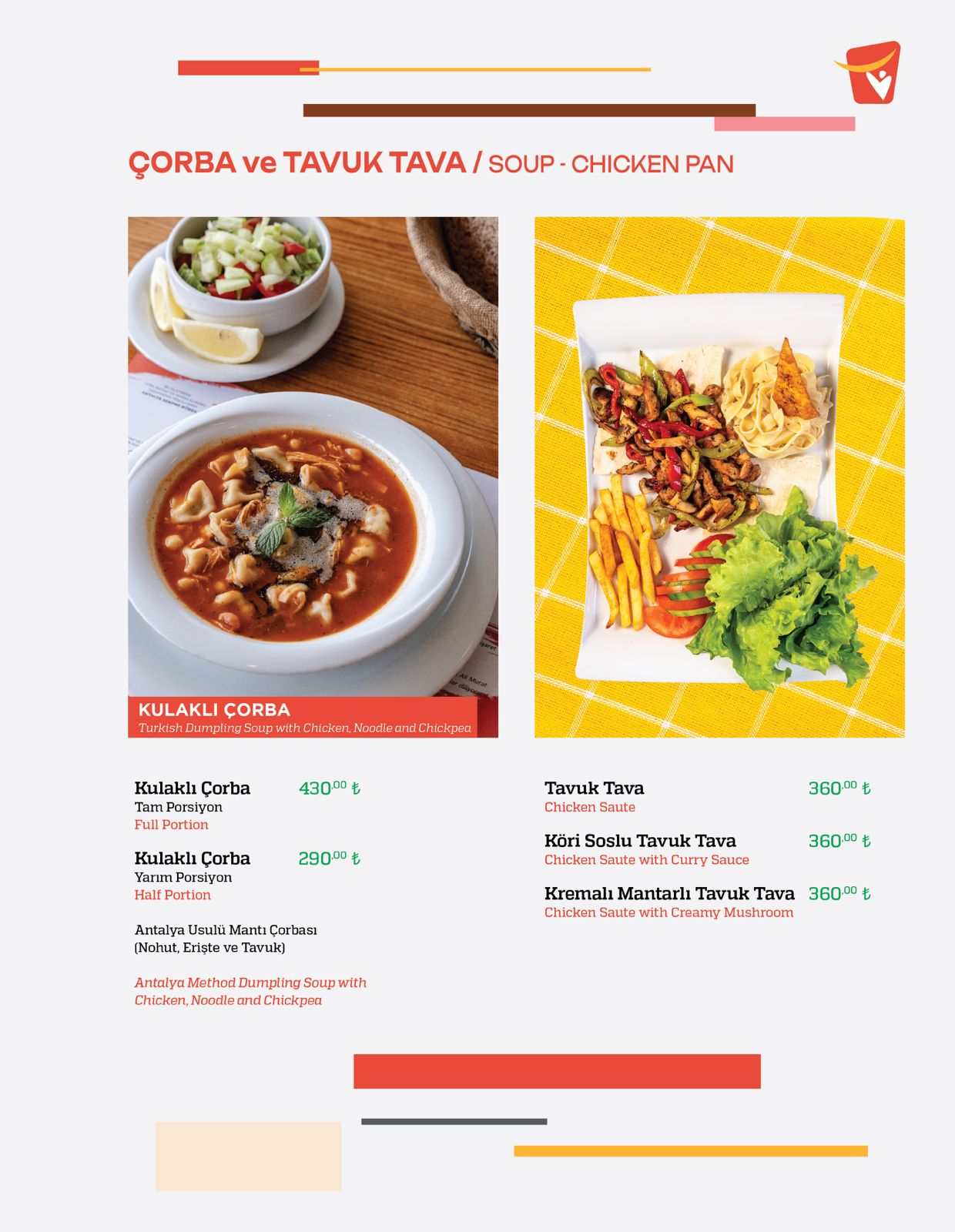 Çorba ve Tavuk Tava menü sayfası