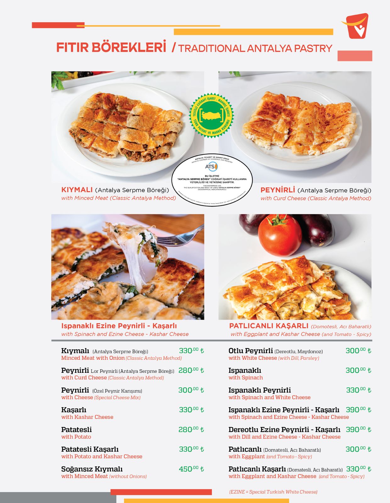 Fıtır Börek restoran menüsünden bir sayfa