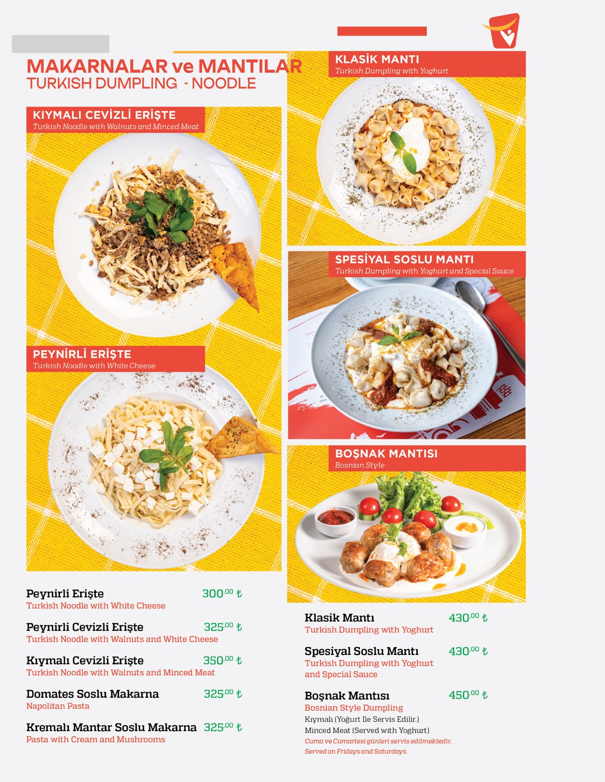 Makarnalar ve Mantılar menü sayfası