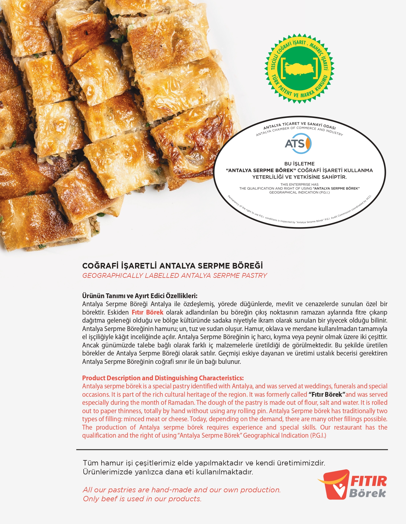 Fıtır Börek restoran menüsünden bir sayfa