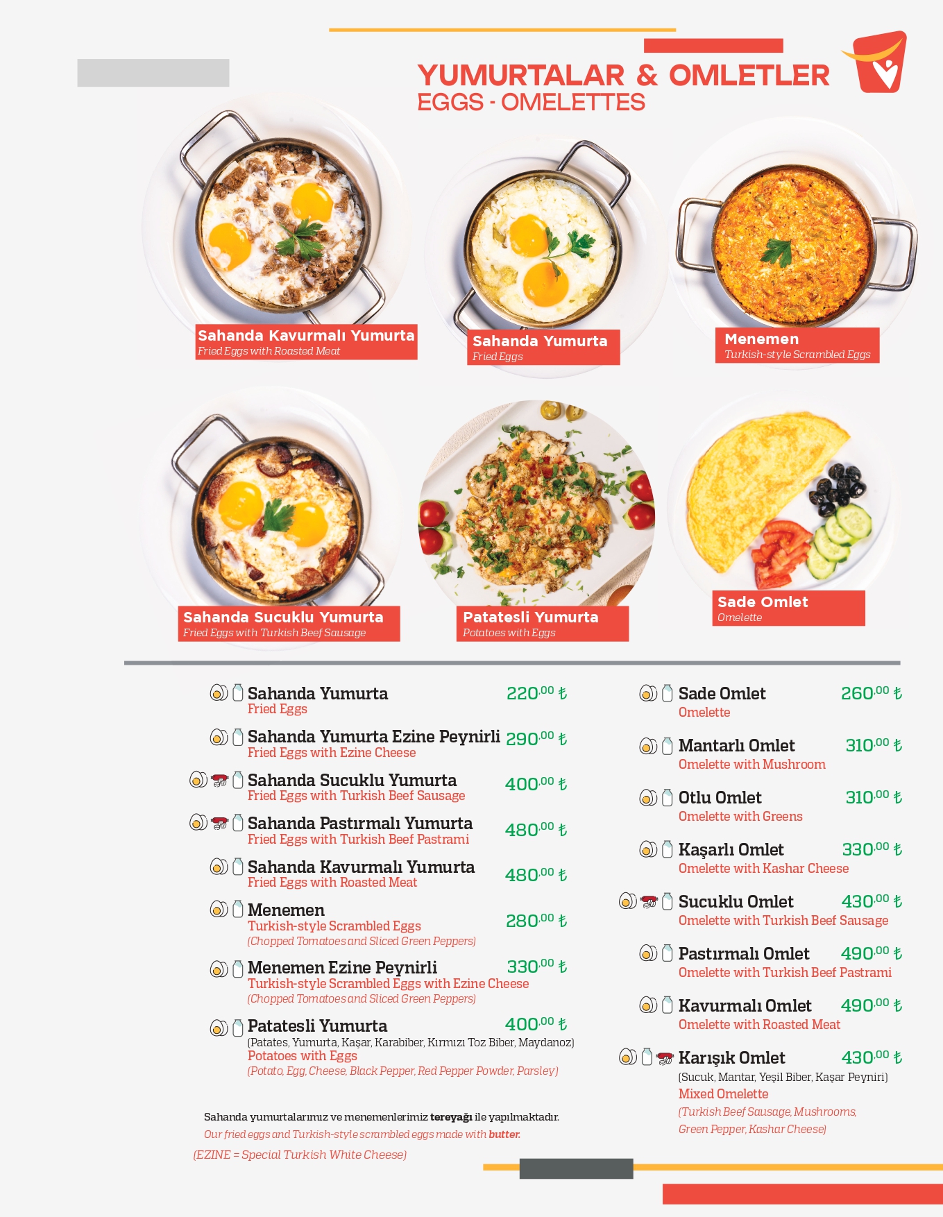 Yumurtalar - Omletler menü sayfası