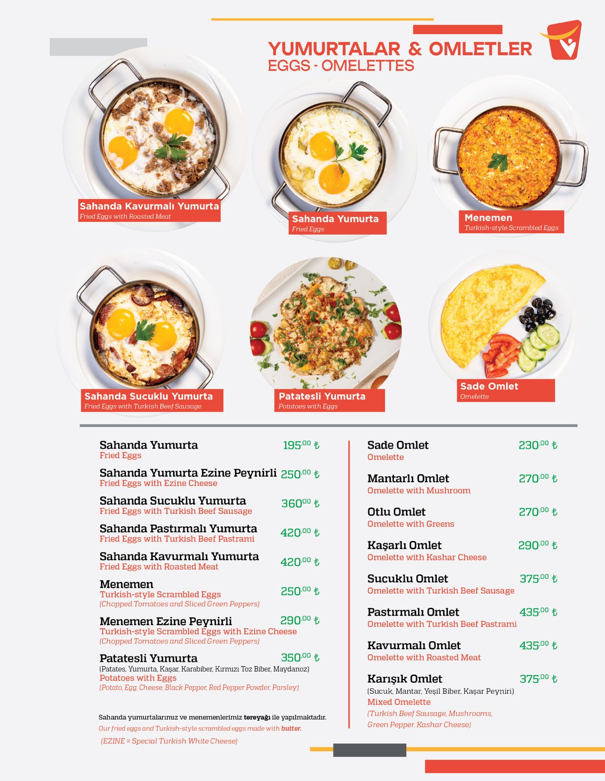 Omletler menü sayfası