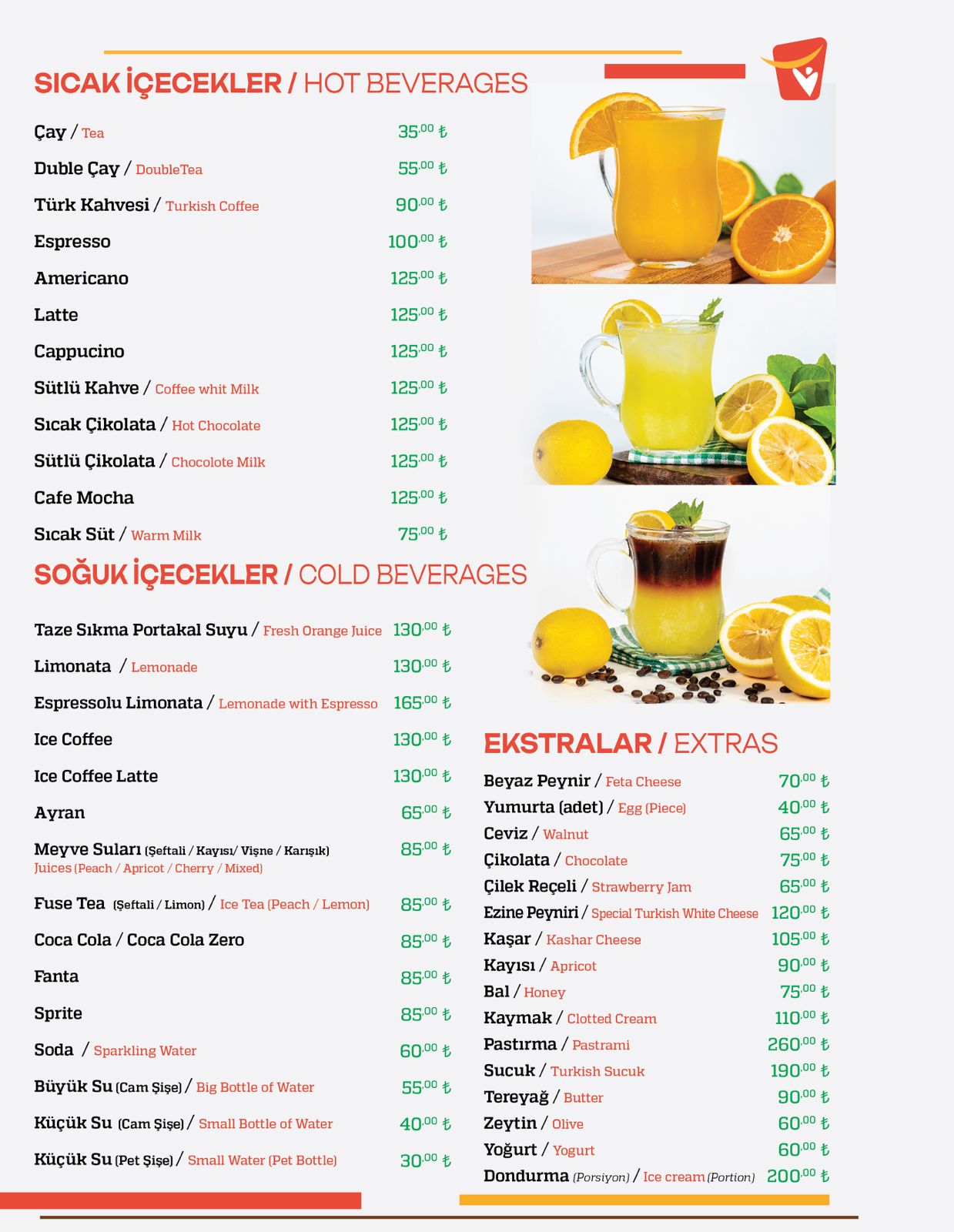 Sıcak ve Soğuk İçecekler menü sayfası